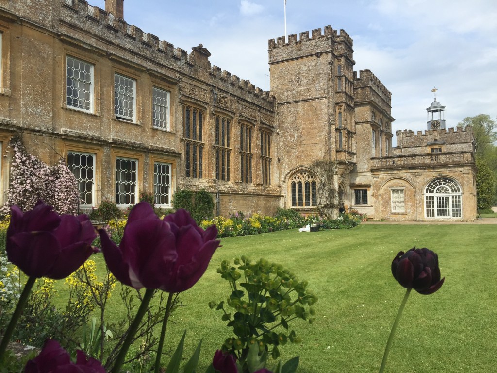 Tulips frame the house at Forde Abbey